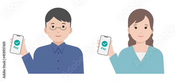 Obraz スマホで決済する男女のイラスト