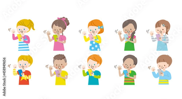 Obraz スマホの画面を見ながら挨拶する世界の子供達のイラスト