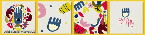Fototapeta Set of Autumn abstract square cards with a hand and an eye and the phrase be happy. Fall banner design with organic shapes in retro palette colors