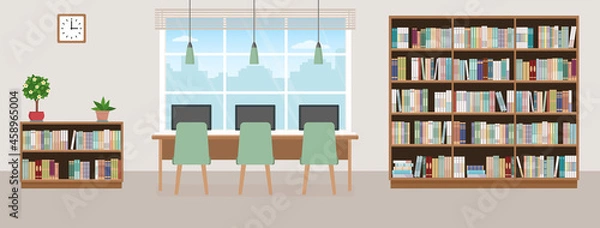 Fototapeta Empty library. Modern interior with bookcases, table, chairs and computers. Vector illustration.