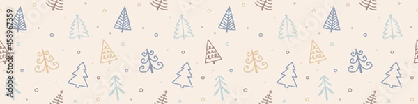 Fototapeta Christmas pattern with hand drawn trees. Panoramic header. Vector