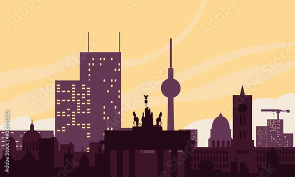 Fototapeta Berlin city landscape sights on the background of the dawn sky. Color vector illustration of flat style.