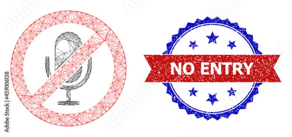 Fototapeta Net mesh stop microphone model icon, and bicolor textured No Entry seal stamp. Flat model created from stop microphone icon and intersected lines. Vector seal with grunge bicolored style,