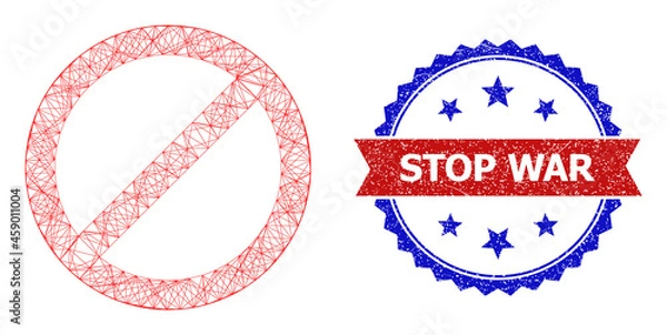 Fototapeta Net mesh stop wireframe icon, and bicolor dirty Stop War watermark. Flat mesh created from stop symbol and crossed lines. Vector watermark with scratched bicolored style,
