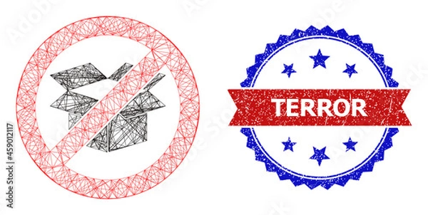 Fototapeta Mesh net stop carton box wireframe icon, and bicolor grunge Terror watermark. Flat mesh created from stop carton box icon and crossed lines. Vector imprint with retro bicolored style,