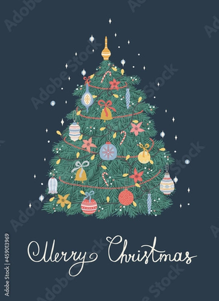 Fototapeta Christmas and Happy New Year illustration of Christmas tree. Vector design template.