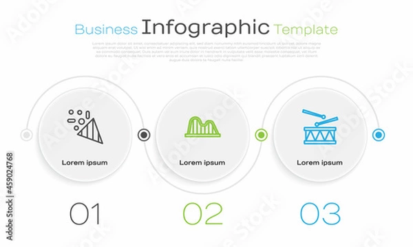 Fototapeta Set line Festive confetti, Roller coaster and Drum with drum sticks. Business infographic template. Vector