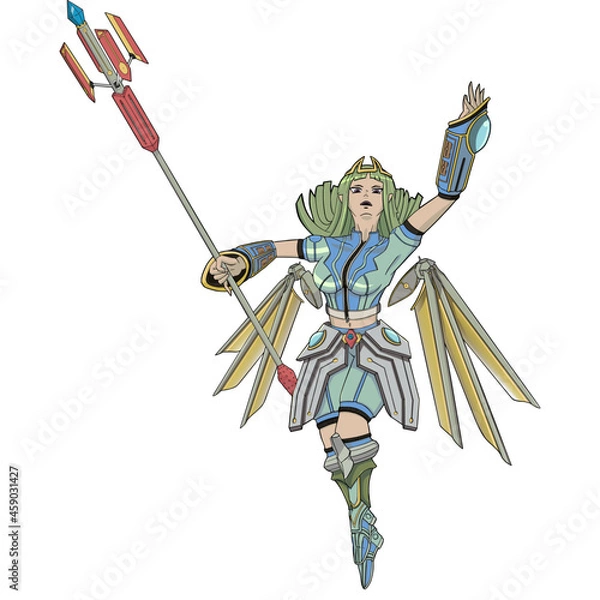 Fototapeta Vector illustration of warrior girl with wings and staff