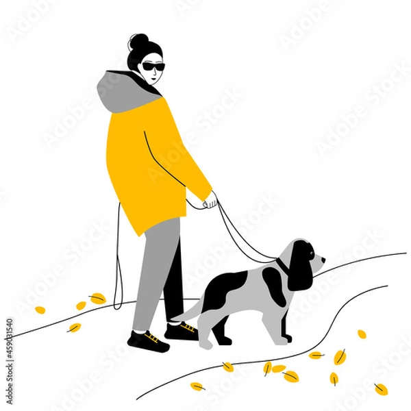 Fototapeta A girl walks with her favorite dog. Vector illustration in a flat style on an isolated background. A cozy drawing of a person walking with a pet in nature. Autumn poster, postcard, print.