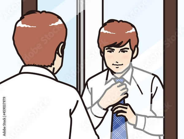 Obraz 鏡の前でネクタイを締める男性