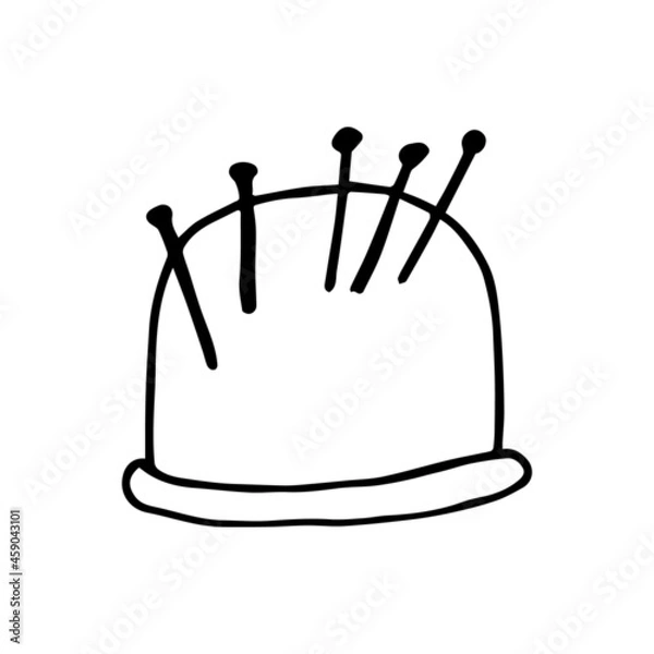 Obraz Pincushion for needles and thimbles vector illustration in doodle style. Hand Drawn Sketch Line Art of atelier tailor sewing supplies. On the topic of stay at home, Covid-19, home elements and