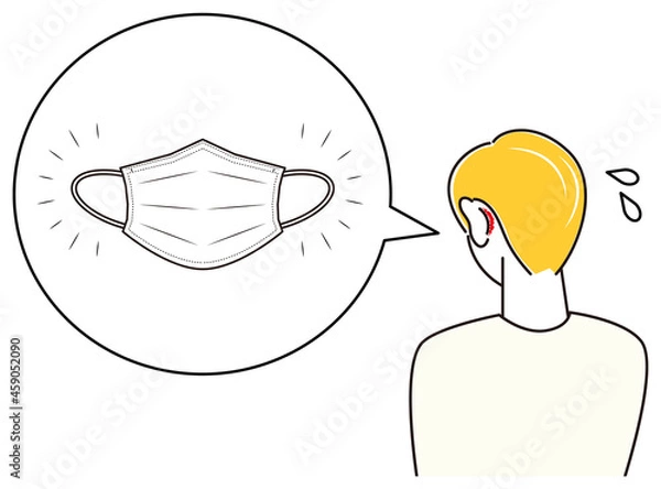 Obraz スキンケア マスクの着用が原因で耳の後ろ側が傷ついてしまい痛い男性 イラスト シンプル ベクター