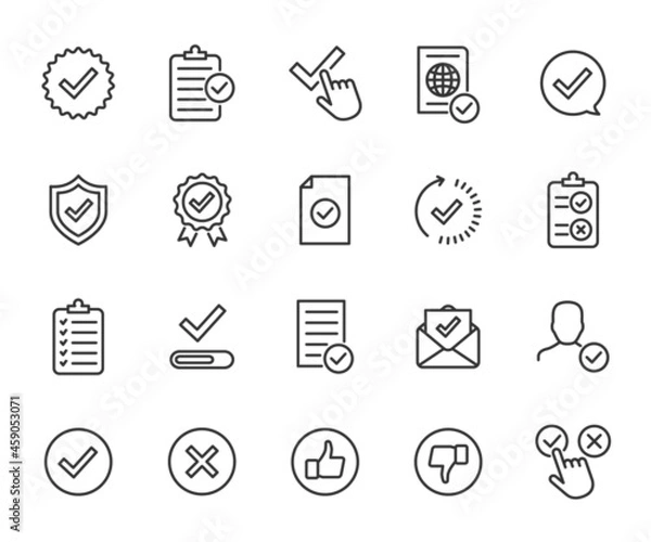 Obraz Vector set of approved line icons. Contains icons accepted document, approved and rejected, checklist, warranty, stamp, quality control and more. Pixel perfect.