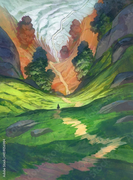 Fototapeta Original hand drawn acrylic painting with surreal composition of a curvy path leading from summer to autumn and to winter