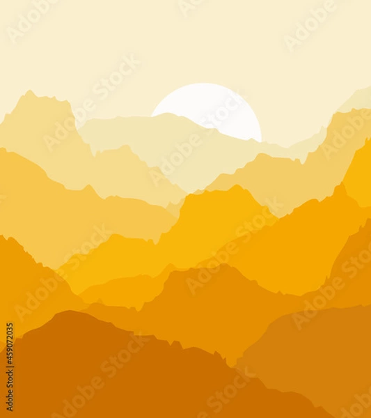 Fototapeta Abstract illustration of colorful mountain sunrise with sun decoration in shades of yellow