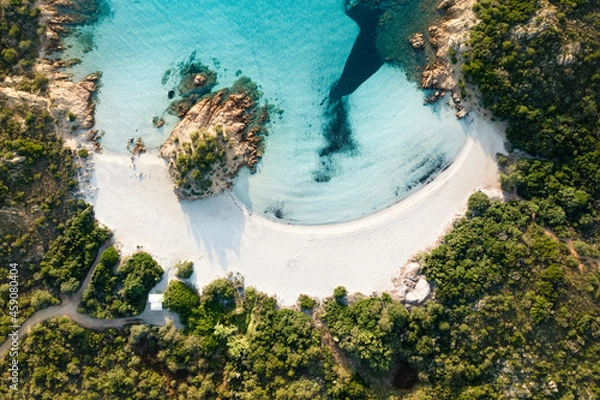 Obraz View from above, stunning aerial view of a green coast with the beautiful Prince Beach (Spiaggia del Principe) a white sand beach bathed by a turquoise water. Sardinia, Italy.