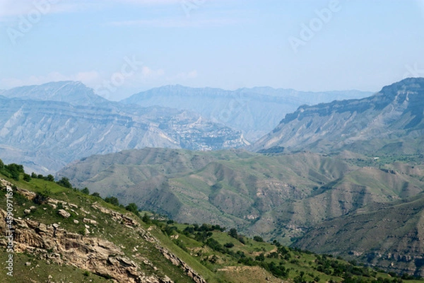 Fototapeta beautiful breathtaking view to the mountains around abandoned village Gamsutl in Dagestan, Russia