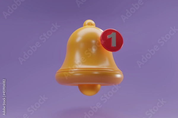 Fototapeta 3D render Notification bell icon with incoming inbox message isolate on purple background for your website, logo, app, UI, product print. Notification bell concept 3D rendering illustration icon.