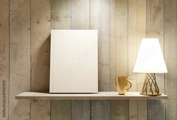 Obraz County side interior with an empty hardcover book template. Wooden plank background. Night scene with spotlight from a top. 3D rendering.