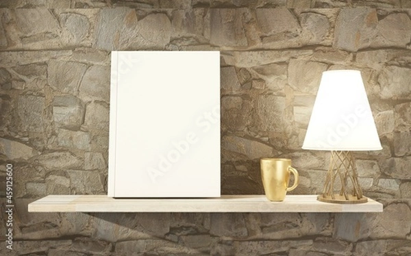 Obraz Book template with hardcover on a shelf next to lamp. Old stone wall background. Book promotion template. 3D rendering.