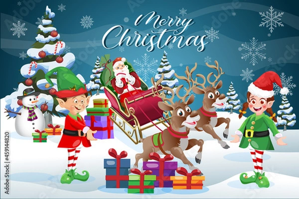 Obraz Merry Christmas scene greeting card cartoon Santa Claus with elves and snowman 