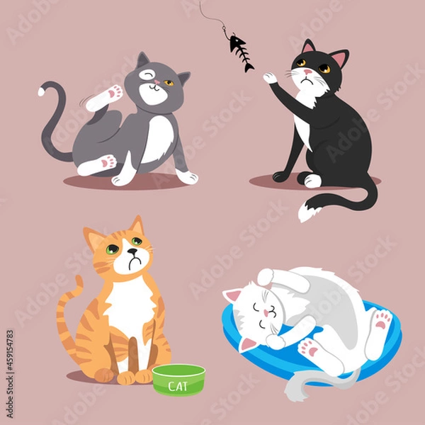 Fototapeta Set of vector illustrations with funny cats. Black sad cat catches fish. A hungry ginger cat sits near an empty bowl. The white cat is sleeping. Gray cat scratches ear