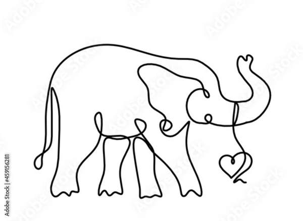Fototapeta Silhouette of abstract elephant as line drawing on white. Vector