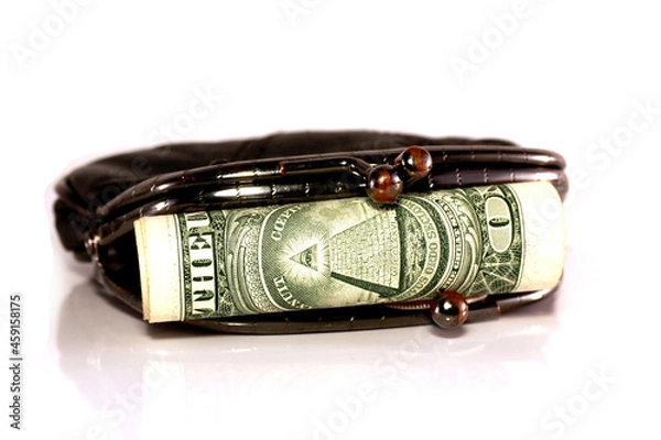 Obraz purse and money, the isolated white background. A store of value — the liquid asset having cost which is well stored a long time for the subsequent exchange for goods