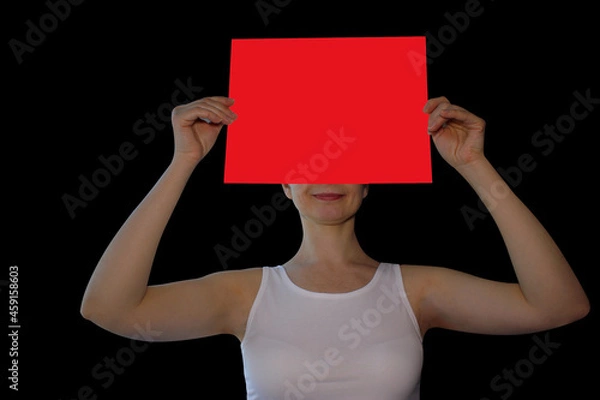 Obraz the person, the woman to hold the poster, color, the sheet of paper, the place for the text isolated against