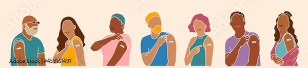 Fototapeta Set of multiracial people after getting vaccine. Multicultural team.