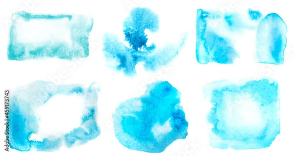 Obraz Watercolor background stain collection. Splash of blue paint for decoration, design, wedding invitation, banner, booklet. Aquarelle abstract splash blotch set	