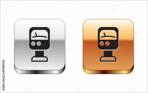 Fototapeta Black Pressure water meter icon isolated on white background. Silver-gold square button. Vector