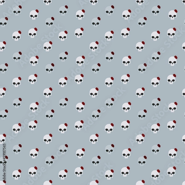 Fototapeta Gray light halloween festive with white skull with flower seamless pattern