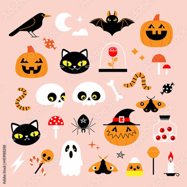 Fototapeta Vector set of Halloween cute characters and symbols such as pumpkin, skull, ghost, bat, black cat, candy corn, spider and crow.