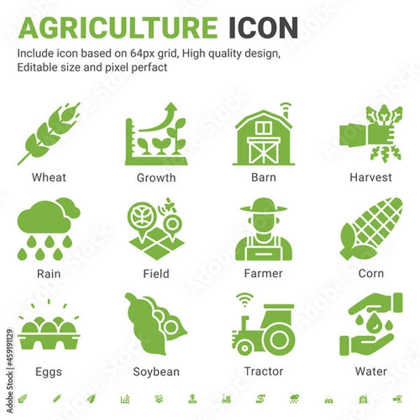 Obraz Agriculture icon set design flat style isolated on white background. Vector icon growth, farmer, fields, wheat, tractor, corn sign symbol concept for farm, mobile app, website, ui, ux and all projects