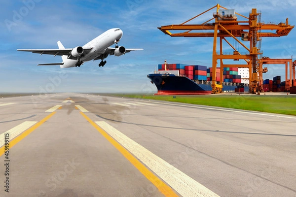 Fototapeta Airplane during landing and container cargo ship with commercial delivery cargo being unloaded with at the harbor and airport
