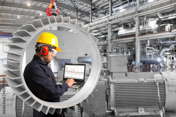 Obraz Engineer using computer for maintenance seen through frame of large motor equipment at factory industrial