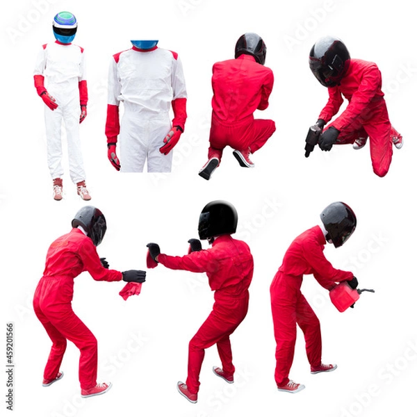Obraz Collections of race car driver and team technician maintaining service for a racing car in pit stop isolated on white background with clipping path