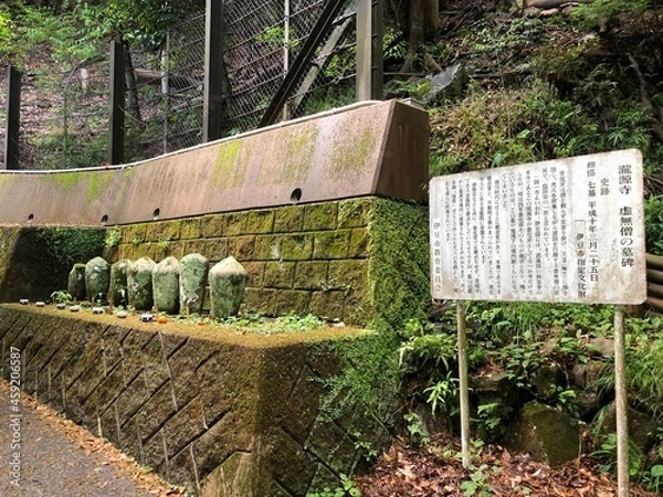 Fototapeta 静岡県伊豆市大平の旭滝遊歩道にある虚無僧の墓標「卵搭」七基です。廃宗となった普化宗（編み笠をかぶり尺八を吹奏しながら行脚する虚無僧の宗派）の瀧源寺があったそうです。尺八本曲『滝落』はここで作られた尺八の名曲です。