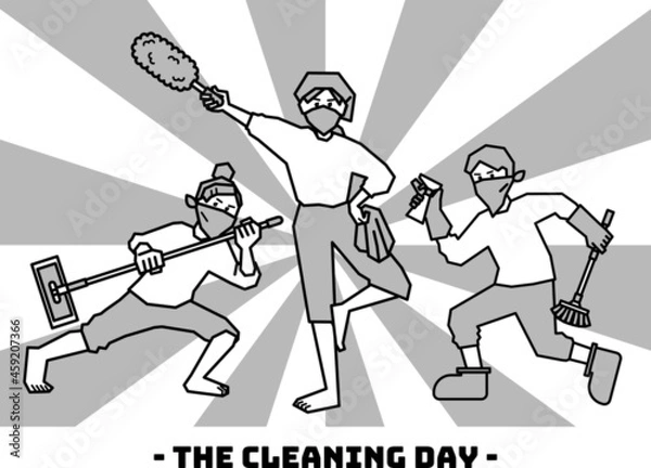 Fototapeta 掃除道具を持ってポーズを決める人