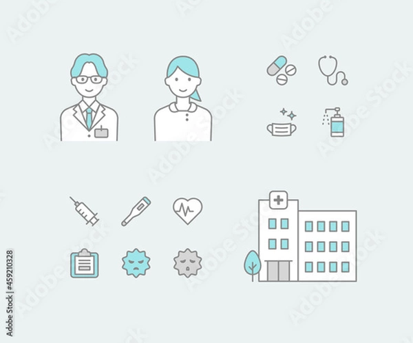 Obraz 病院・医師・看護師と医療関連アイコンのセット