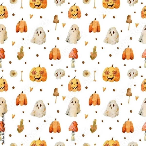 Obraz Halloween illustration watercolor pumpkin, spooky ghost seamless pattern hand drawn on  white background