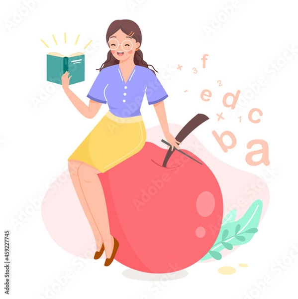 Fototapeta Happy woman character teaching and reading book with pointer, sitting on big apple with English alphabet and number. Happy learning with imagination. Education flat vector illustration.