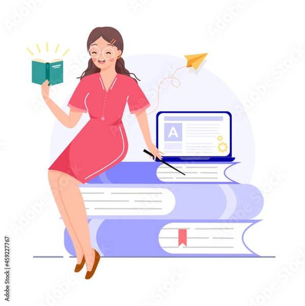 Fototapeta Online learning or distance education, e-learning or communication Technology concepts. Young woman teacher teaching through app. reading and sitting on pile of books. Flat vector illustration.