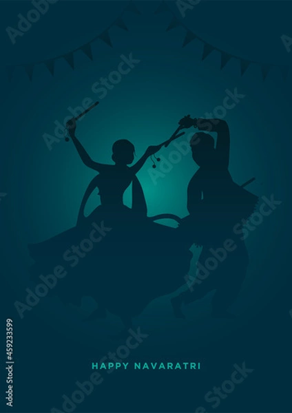 Fototapeta Happy Navaratri Minimal Poster, Couple Playing Garba, and Daniya, Navratri Poster for Dussehra Festival