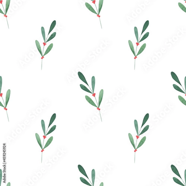 Fototapeta Christmas watercolor seamless pattern with berries, leaves on white background. Winter holiday digital paper. 