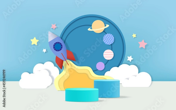 Fototapeta 3d render podium with space shuttle concept background for kids or baby product display..