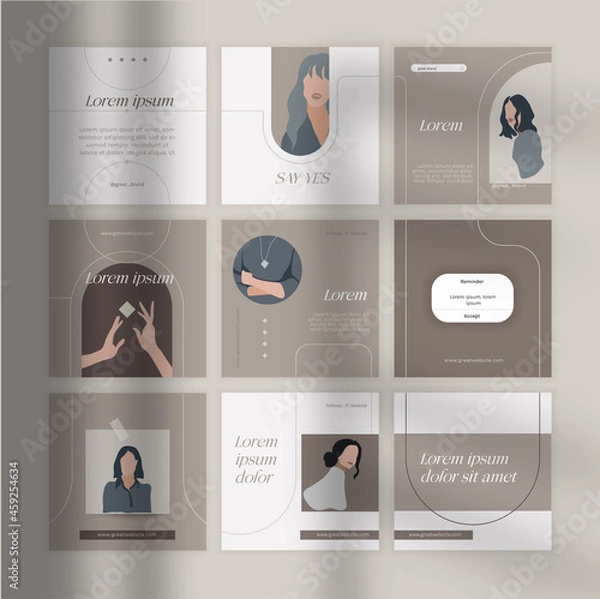 Fototapeta Square layouts for social media feed, 9 vector templates for social media posts, easy editing