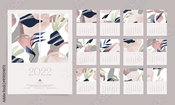 Fototapeta Calendar template, promotional corporate vector design with abstract shapes, 2022 