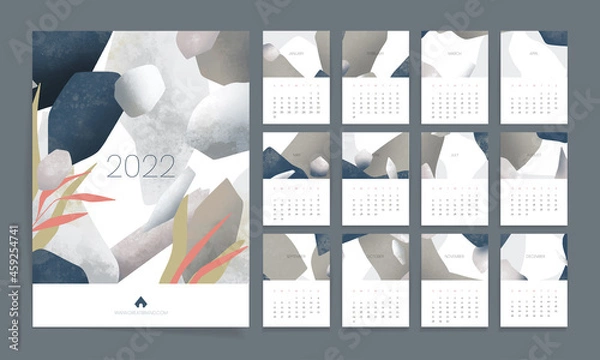 Fototapeta Calendar template, promotional corporate vector design with abstract shapes, 2022 
